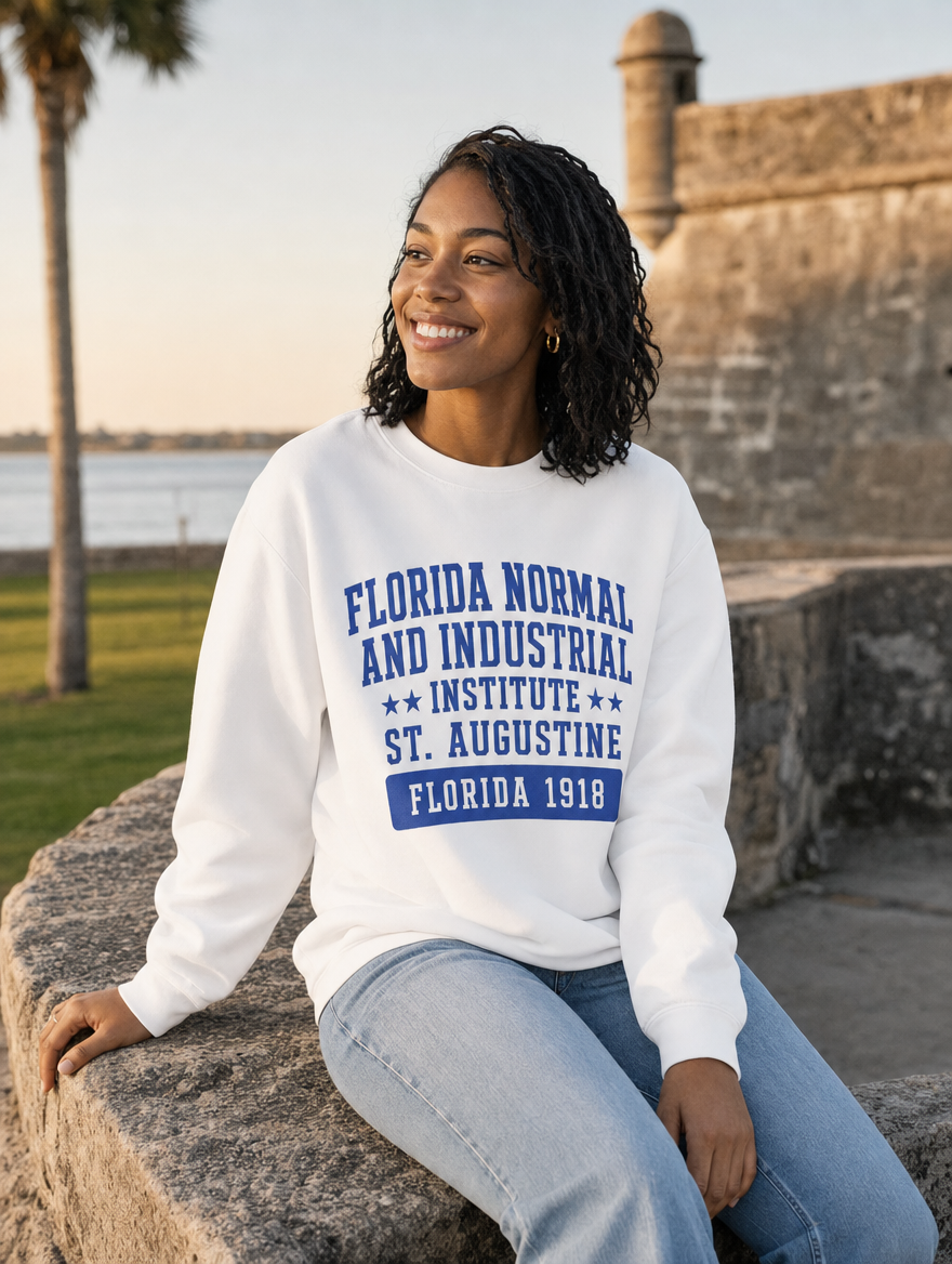 Florida Normal and Industrial Institute 1918 heritage sweatshirt — lifestyle photo on the old fort wall in St. Augustine