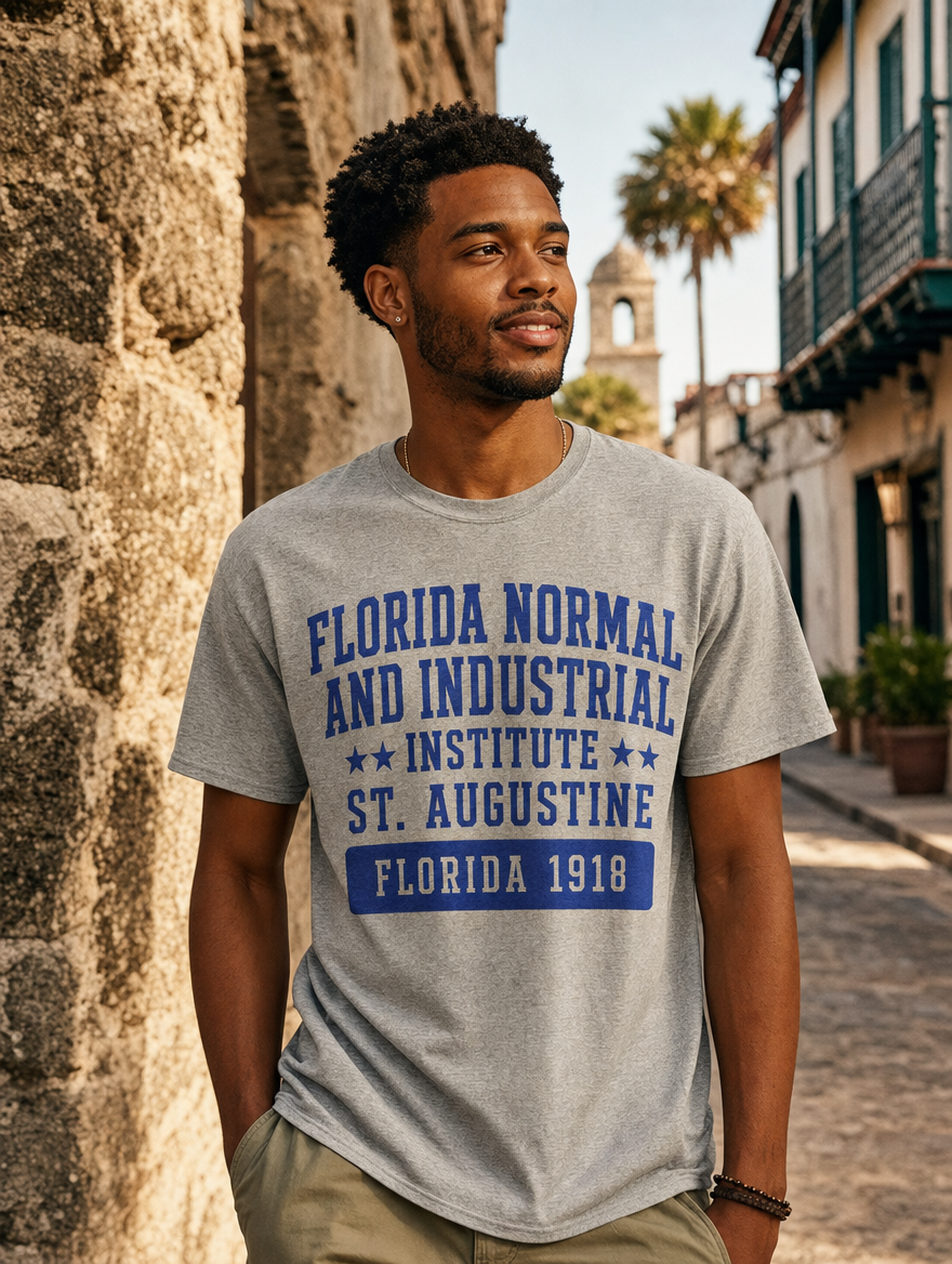 Florida Normal and Industrial Institute 1918 heritage tee — lifestyle photo at the historic coquina walls of St. Augustine
