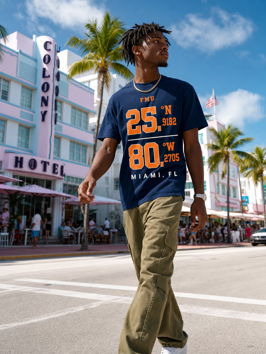 FMU Coordinates navy tee on Ocean Drive