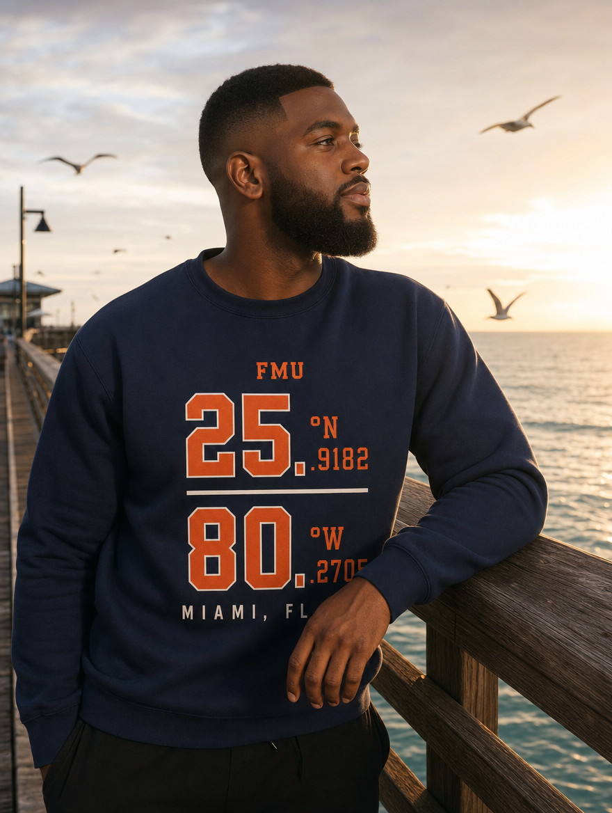FMU Coordinates navy sweatshirt sunrise pier