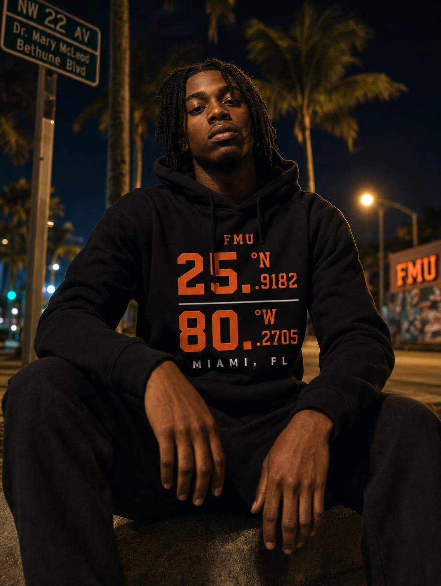FMU Coordinates black hoodie night portrait