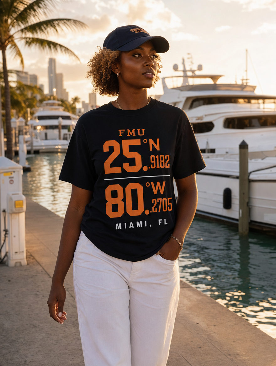 FMU Coordinates navy dad hat marina golden hour