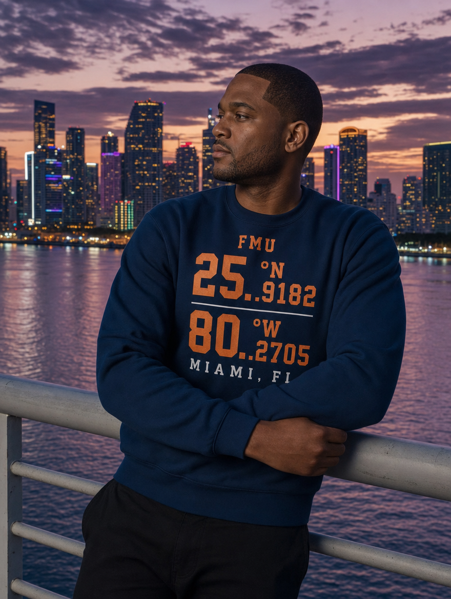 FMU Coordinates navy sweatshirt Miami skyline dusk