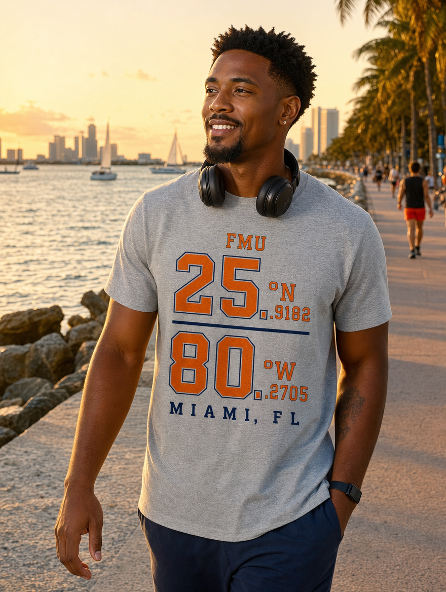 FMU Coordinates athletic heather tee seawall golden hour