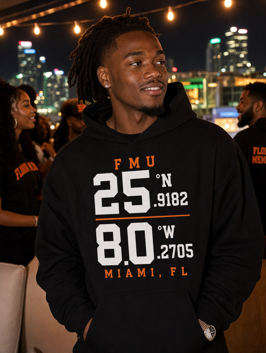 FMU Coordinates white print black hoodie rooftop night