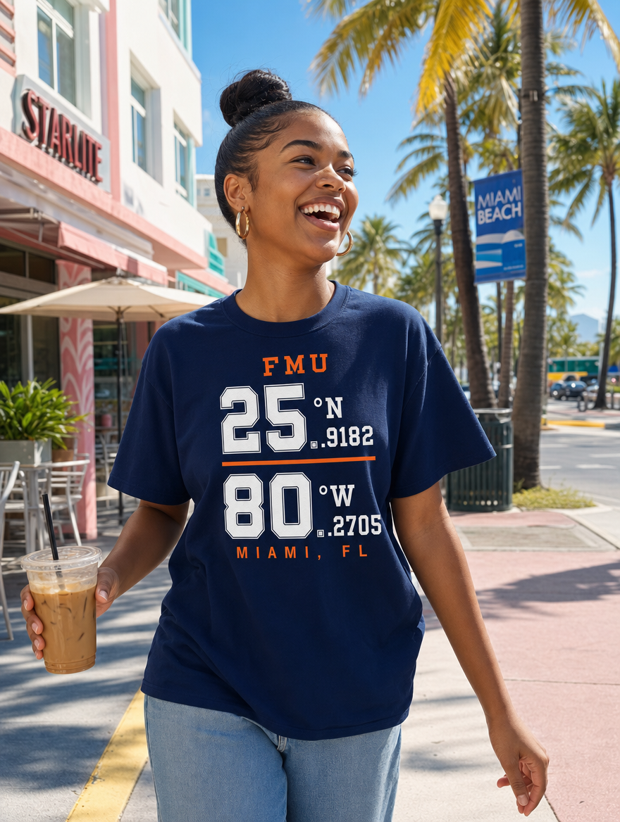 FMU Coordinates white print navy tee Miami sidewalk