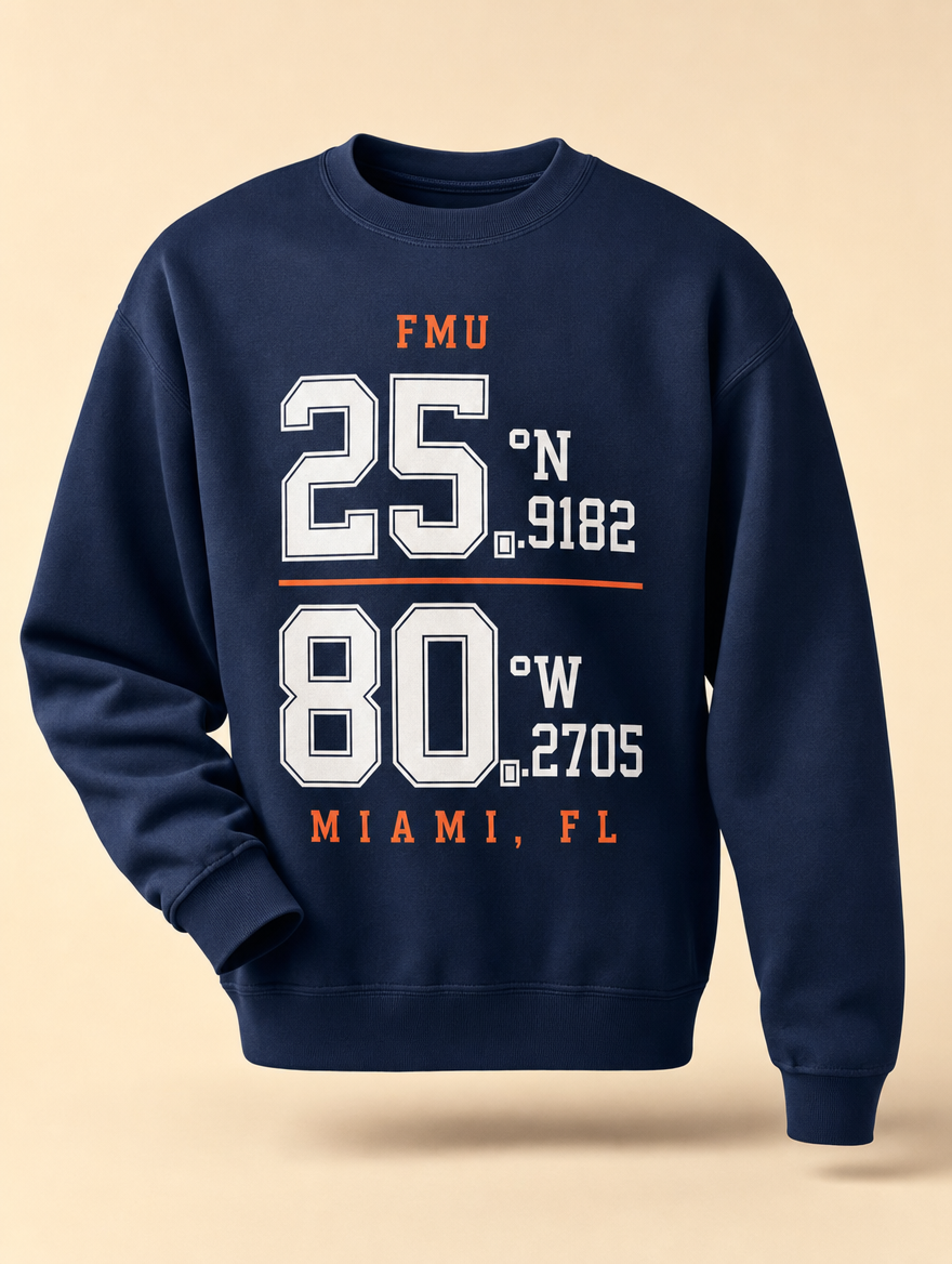 FMU Coordinates white print navy sweatshirt ghost mannequin