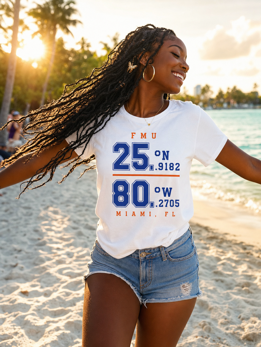 FMU Coordinates royal blue print white tee beach golden hour