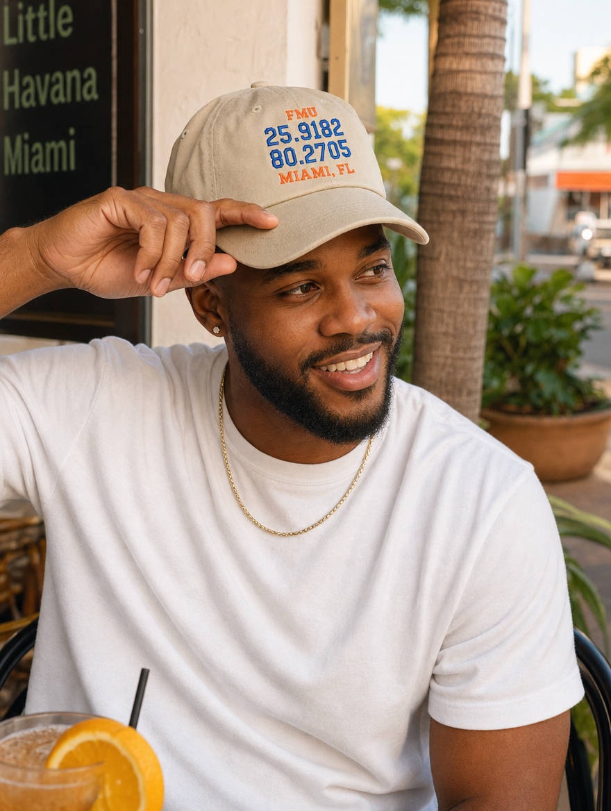 FMU Coordinates royal blue embroidery khaki dad hat cafe