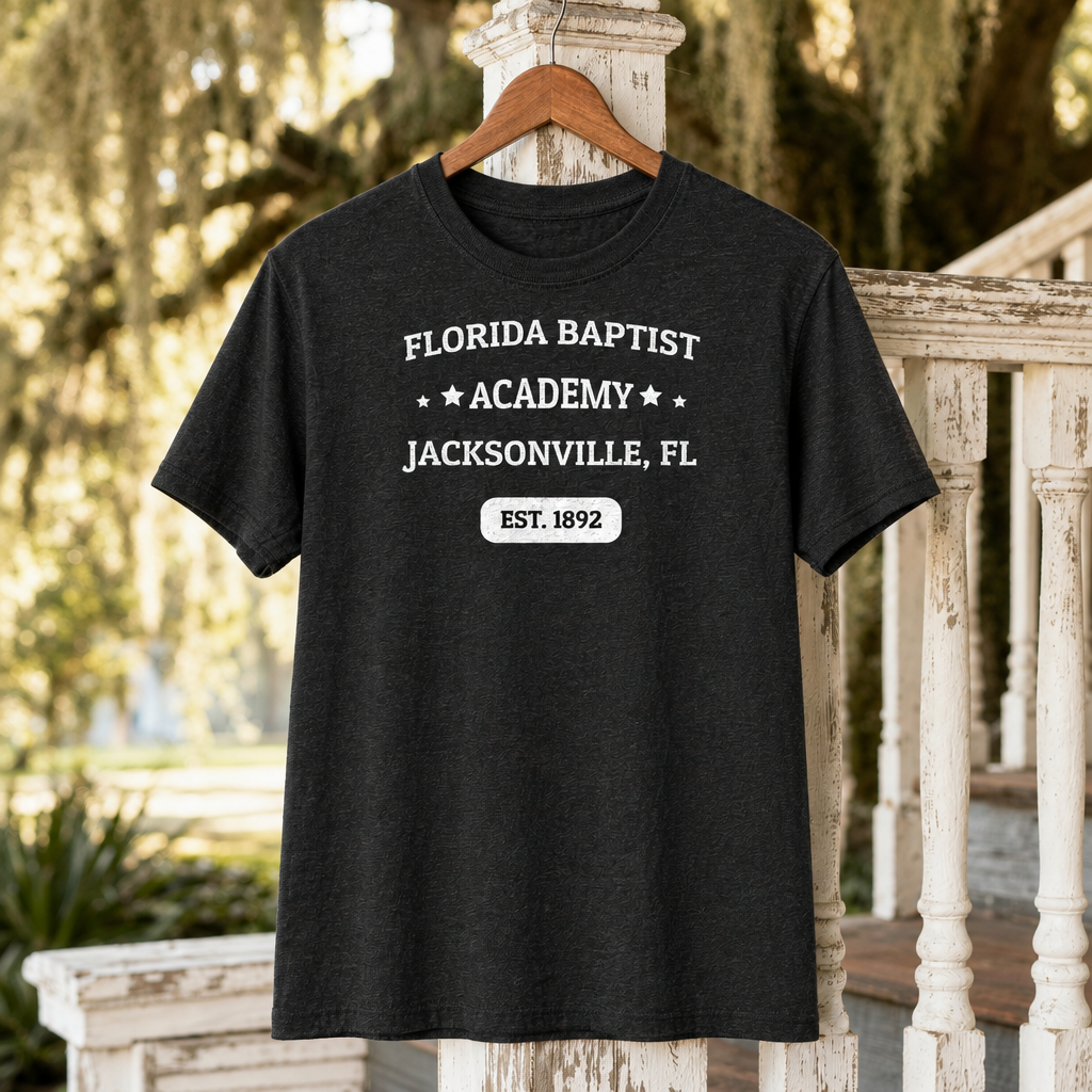 Florida Baptist Academy Heritage Black Heather t-shirt with white lettering and black EST. 1892 badge text, displayed front-facing in a creative garment scene.