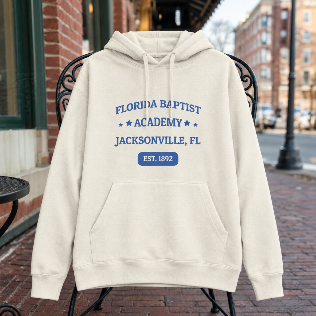 Florida Baptist Academy Heritage Bone hoodie with royal blue lettering and white EST. 1892 badge text, displayed front-facing in a creative garment scene.