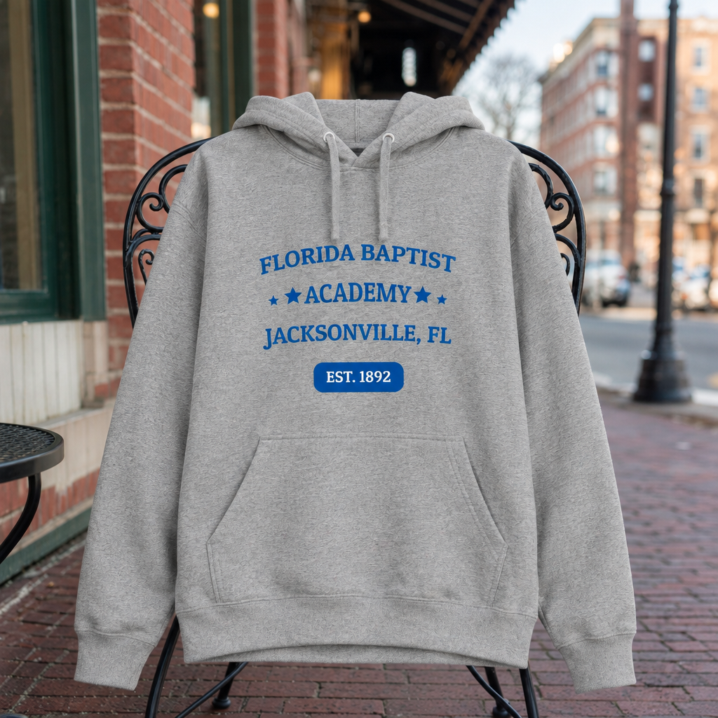 Florida Baptist Academy Heritage Carbon Grey hoodie with royal blue lettering and white EST. 1892 badge text, displayed front-facing in a creative garment scene.