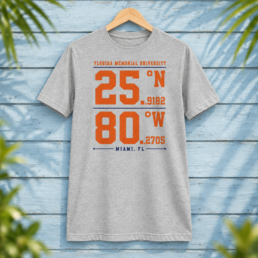 Florida Memorial University Coordinates Athletic Heather t-shirt with orange and navy campus-coordinate artwork, displayed front-facing on a hanger against pale-blue clapboard; creative mockup.