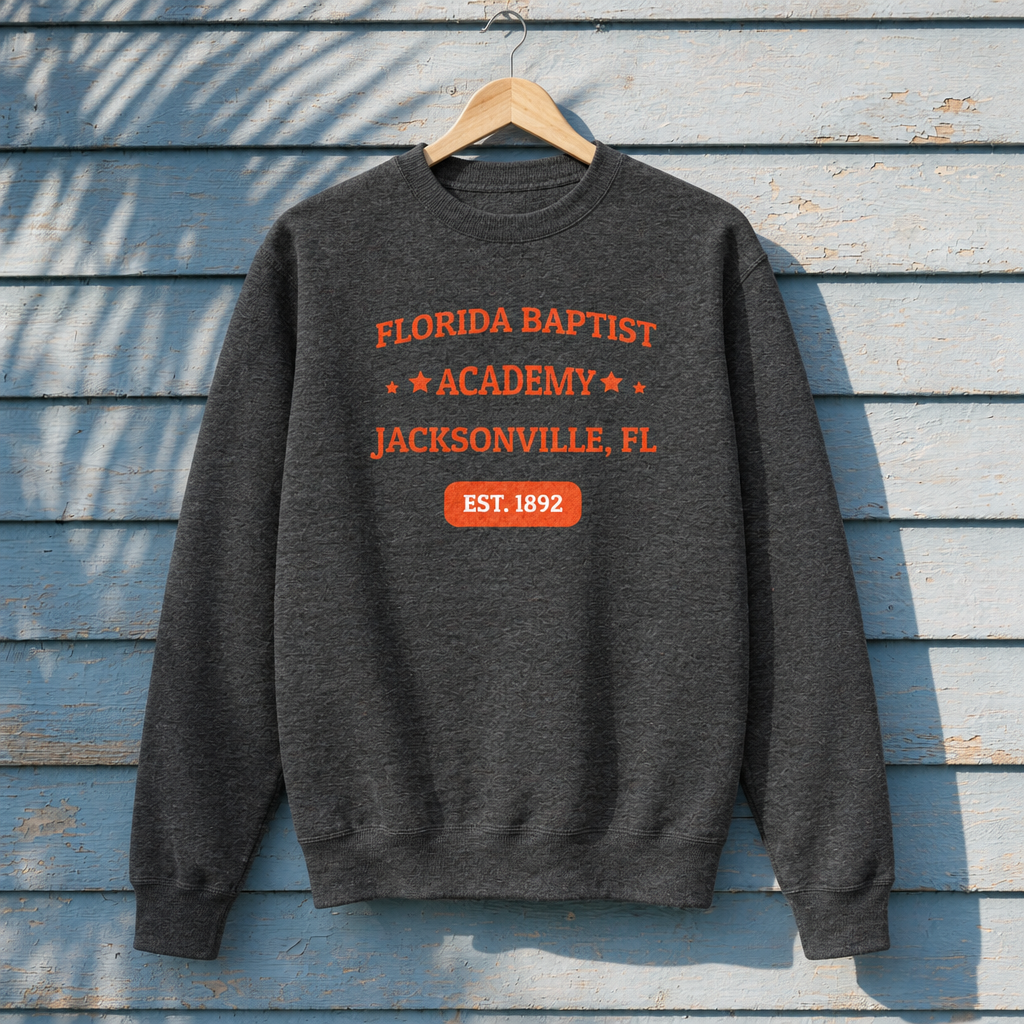 Florida Baptist Academy Heritage Charcoal Heather Cotton Heritage M2480 crewneck with orange lettering and white EST. 1892 badge text, front-facing on a hanger against pale-blue clapboard; creative mockup.