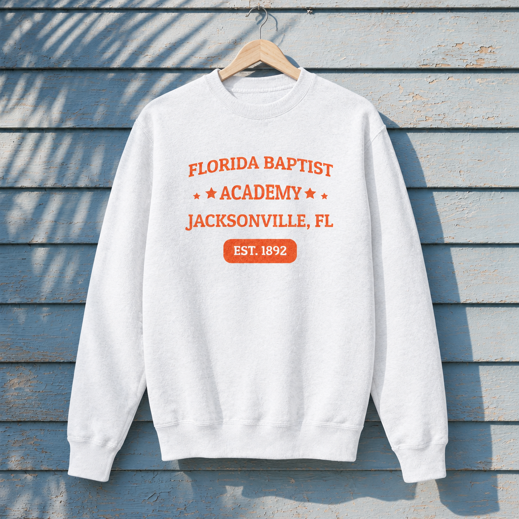Florida Baptist Academy Heritage White Cotton Heritage M2480 crewneck with orange lettering and white EST. 1892 badge text, front-facing on a hanger against pale-blue clapboard; creative mockup.