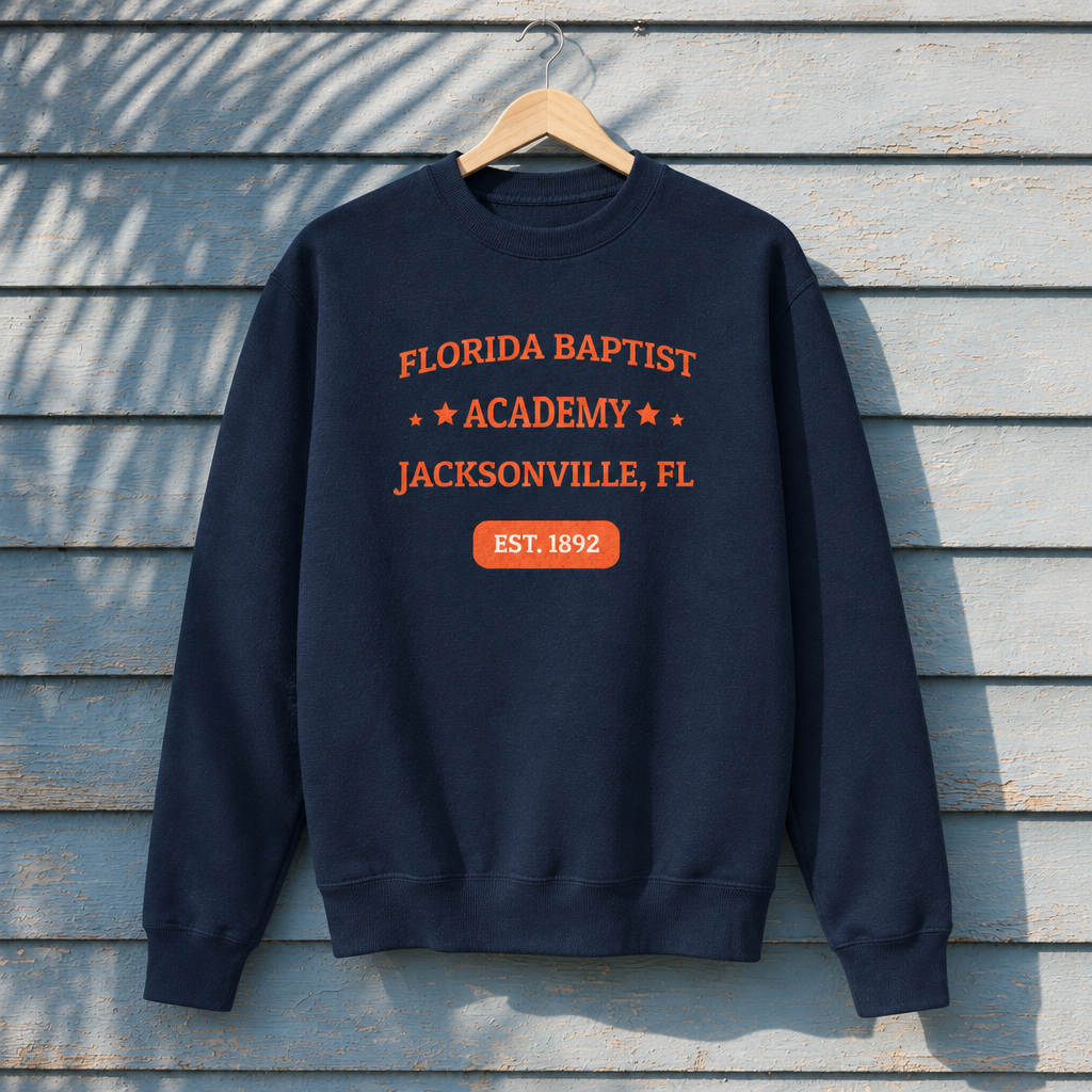 Florida Baptist Academy Heritage Navy Blazer Cotton Heritage M2480 crewneck with orange lettering and white EST. 1892 badge text, front-facing on a hanger against pale-blue clapboard; creative mockup.