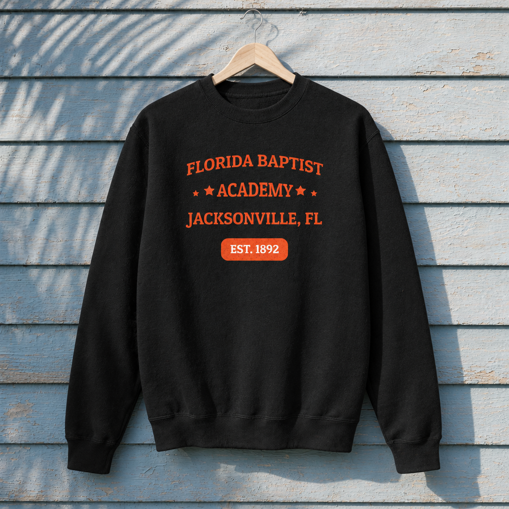 Florida Baptist Academy Heritage Black Cotton Heritage M2480 crewneck with orange lettering and white EST. 1892 badge text, front-facing on a hanger against pale-blue clapboard; creative mockup.