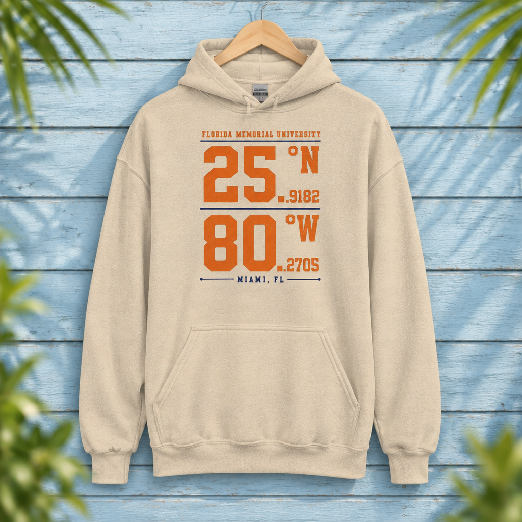 Florida Memorial University Coordinates Sand hoodie with orange and navy campus-coordinate artwork, displayed front-facing on a hanger against pale-blue clapboard; creative mockup.