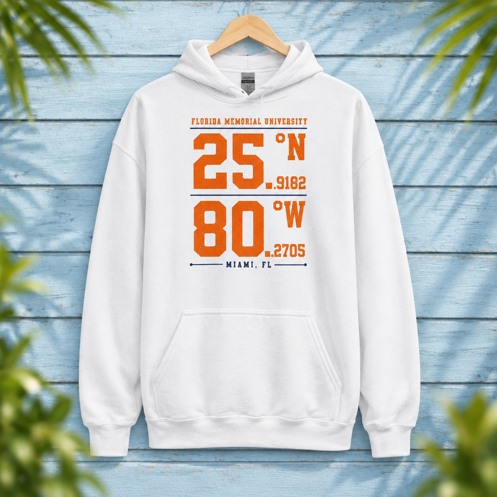 Florida Memorial University Coordinates White hoodie with orange and navy campus-coordinate artwork, displayed front-facing on a hanger against pale-blue clapboard; creative mockup.