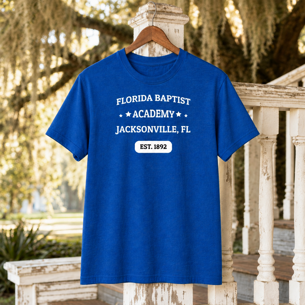 Florida Baptist Academy Heritage True Royal T-shirt with white lettering and black EST. 1892 badge text, displayed front-facing on a hanger beside a weathered porch railing; creative mockup.