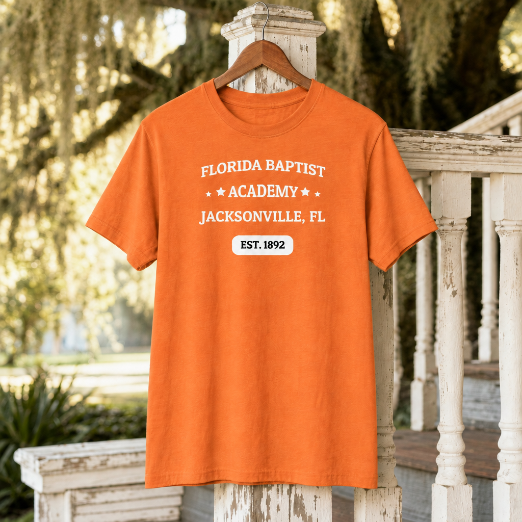Florida Baptist Academy Heritage Orange T-shirt with white lettering and black EST. 1892 badge text, displayed front-facing on a hanger beside a weathered porch railing; creative mockup.
