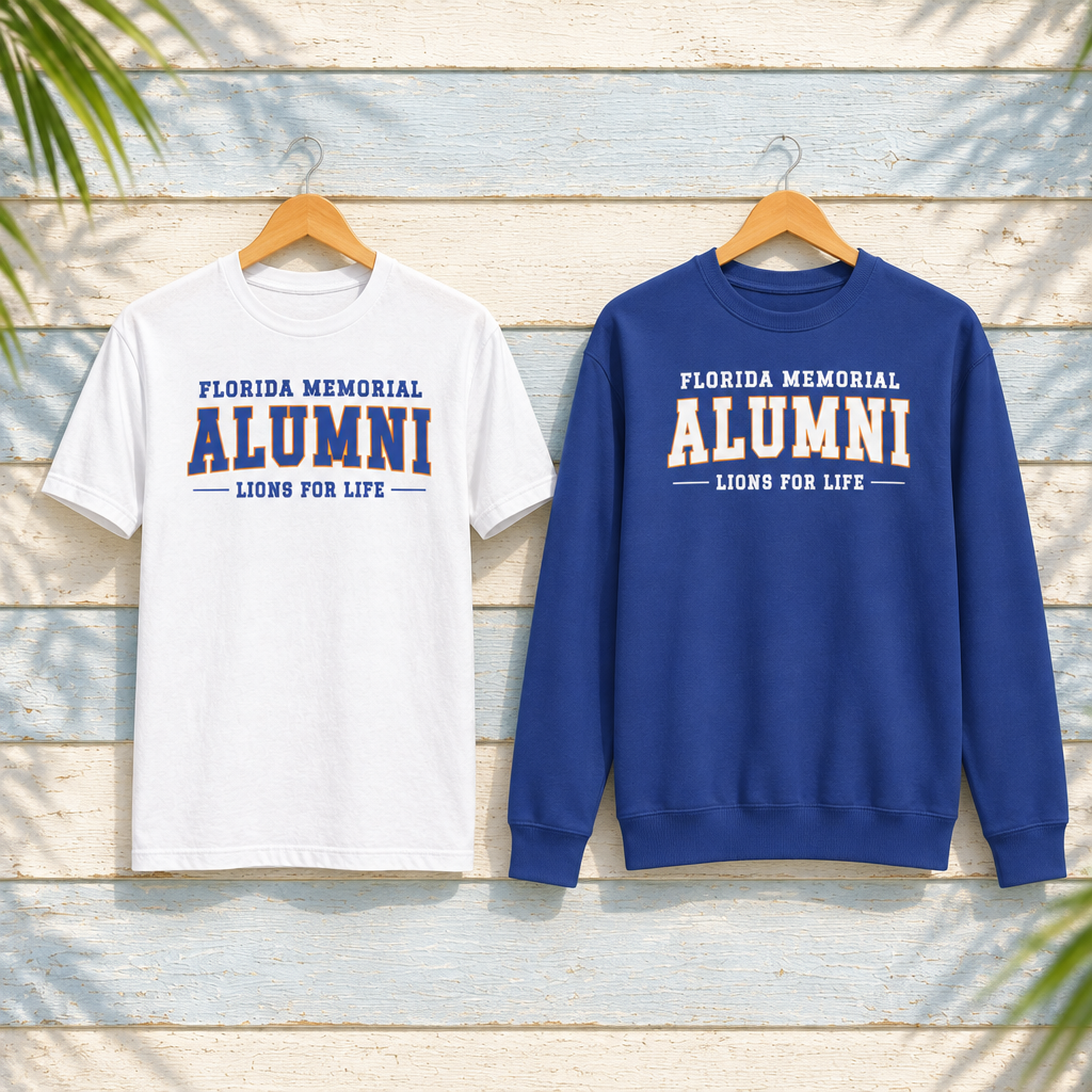 Florida Memorial University Lions for Life bundle: one white T-shirt with blue-and-orange lettering and one Team Royal crewneck with white-and-orange lettering, displayed together on hangers against pale-blue clapboard; creative mockup.