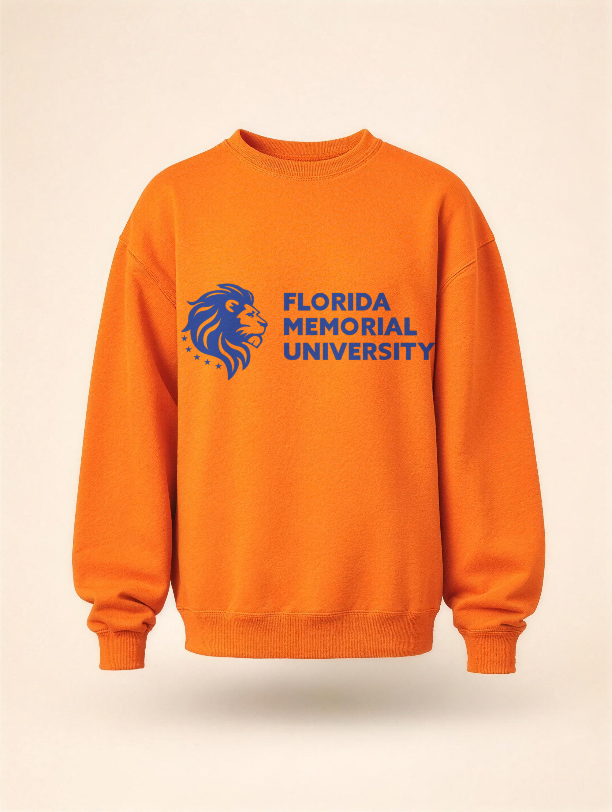 Florida Memorial University Stacked Wordmark sweatshirt in orange on a ghost mannequin against a cream backdrop