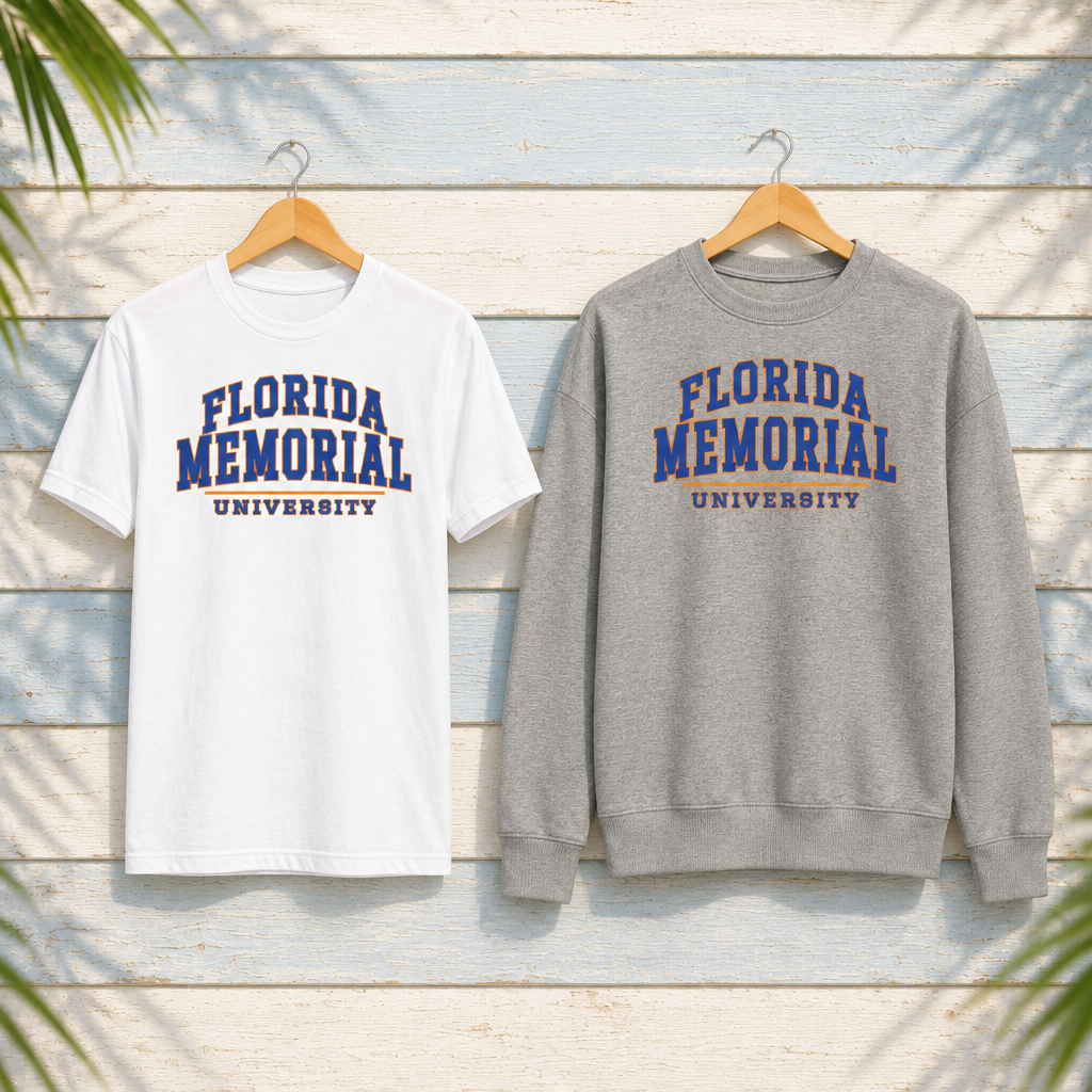 Florida Memorial University Varsity Essentials bundle: one white T-shirt and one Carbon Grey crewneck, both with blue-and-orange collegiate artwork, displayed together on hangers against pale-blue clapboard; creative mockup.