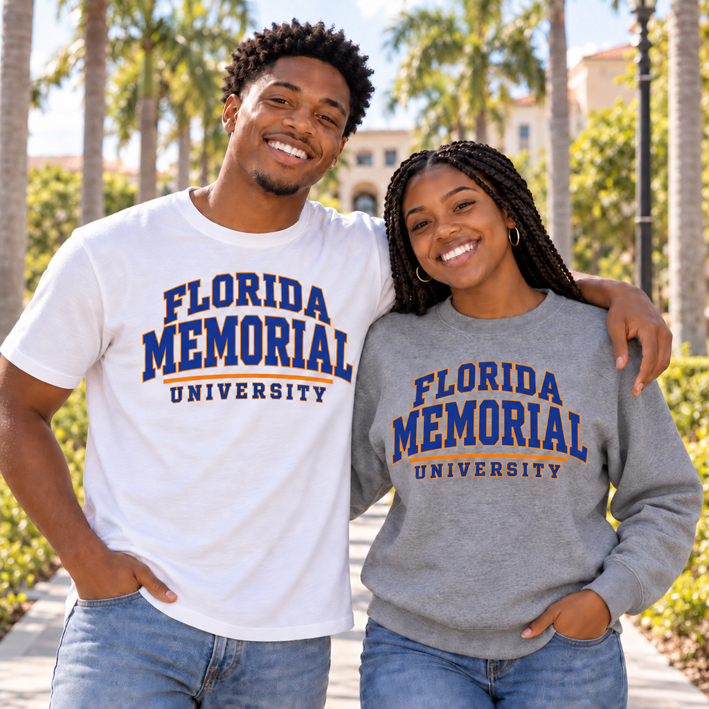 Florida Memorial University Varsity Essentials lifestyle mockup: two adults on a sunny campus walkway wearing a white tee and gray sweatshirt with blue-and-orange collegiate lettering, both shown from the front.